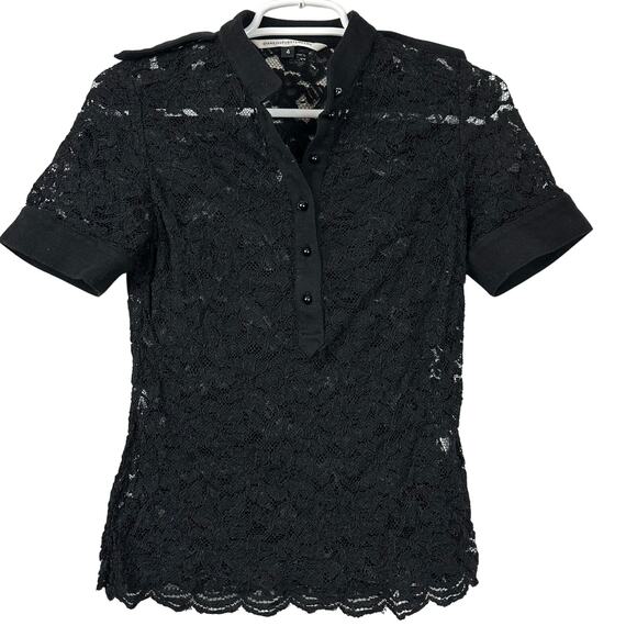 Diane Von Furstenberg Lace Short Sleeve Shirt Button Collar 4 Black - Picture 1 of 10